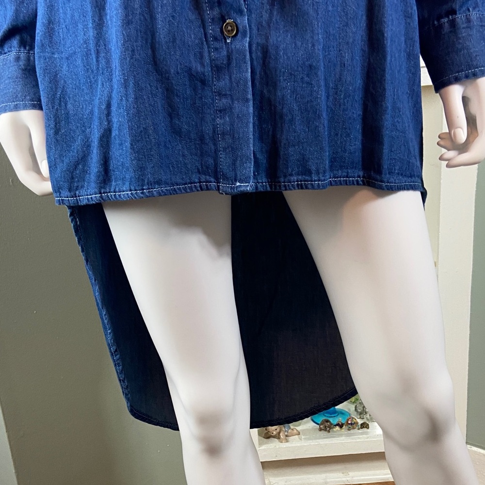 Say What? Denim Chambray High Low Tuxedo Shirttail Tunic Shirt Blouse Top Medium - Picture 5 of 11
